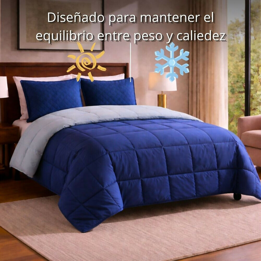 Edredon cubrelecho queen doble faz azul gris