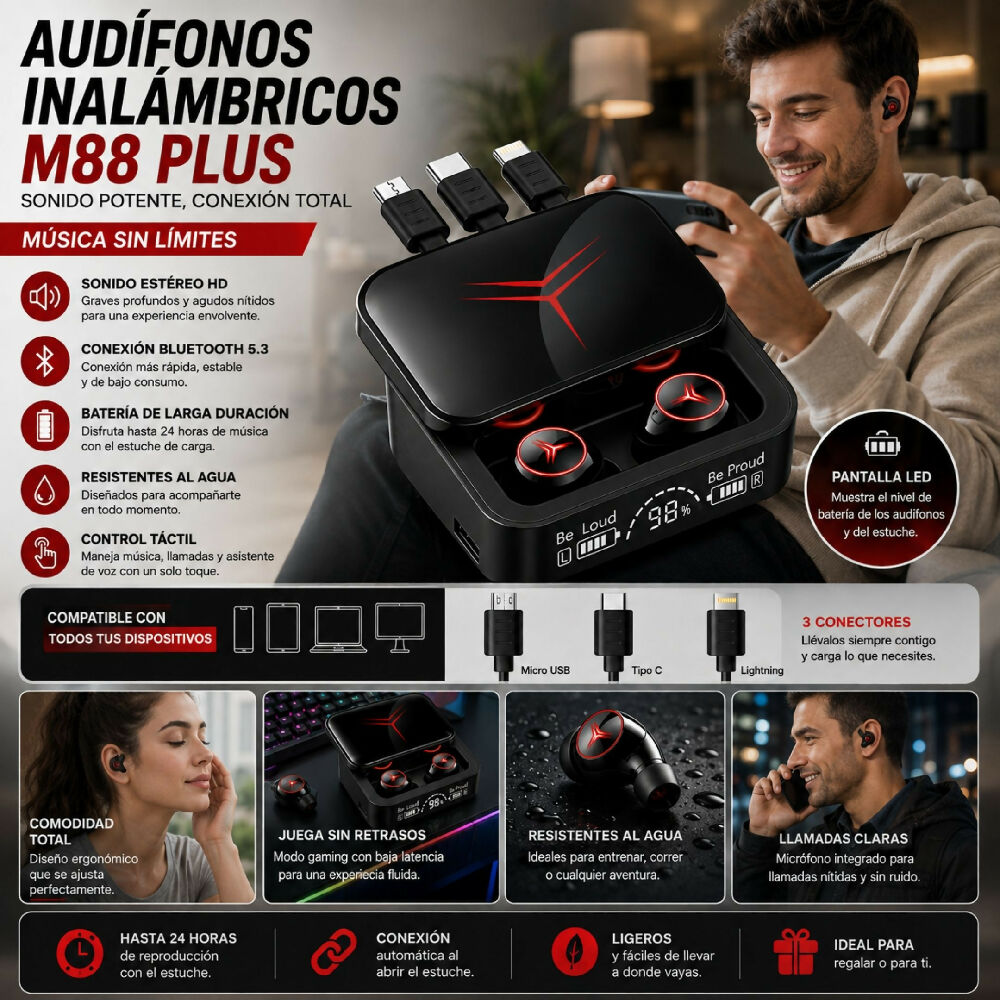 Audífonos Inalámbricos M88 Plus Diseño Ergonómico Y Carga Rápida