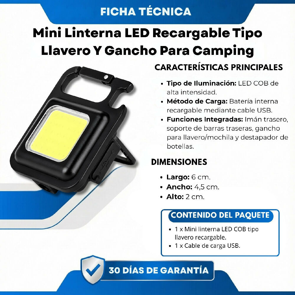 Mini Linterna LED Recargable Tipo Llavero Y Gancho Para Camping