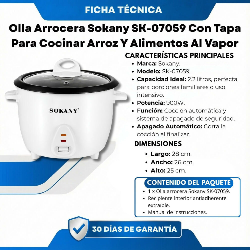 Olla Arrocera Sokany SK-07059 Con Tapa Para Cocinar Arroz Y Alimentos Al Vapor