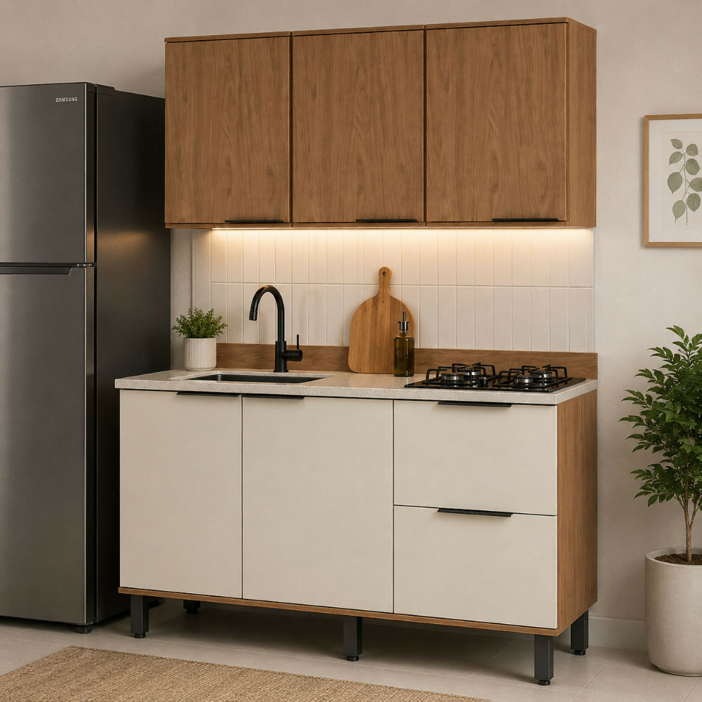 Cocina 120 cm Dominica 5 Puertas 2 Cajones - Natural/Blanco Apagado