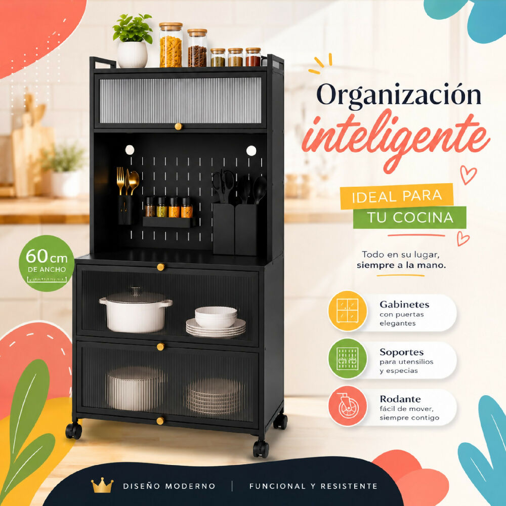 Estante Organizador De 60 CM Cocina Rodante Con Gabinetes Y Soportes