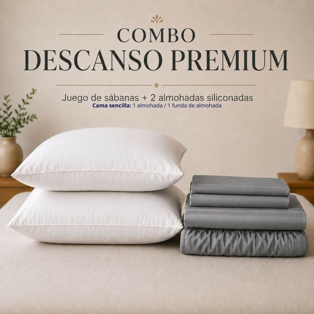 Combo Juego de sábanas + 1 almohada siliconada sencillo gris