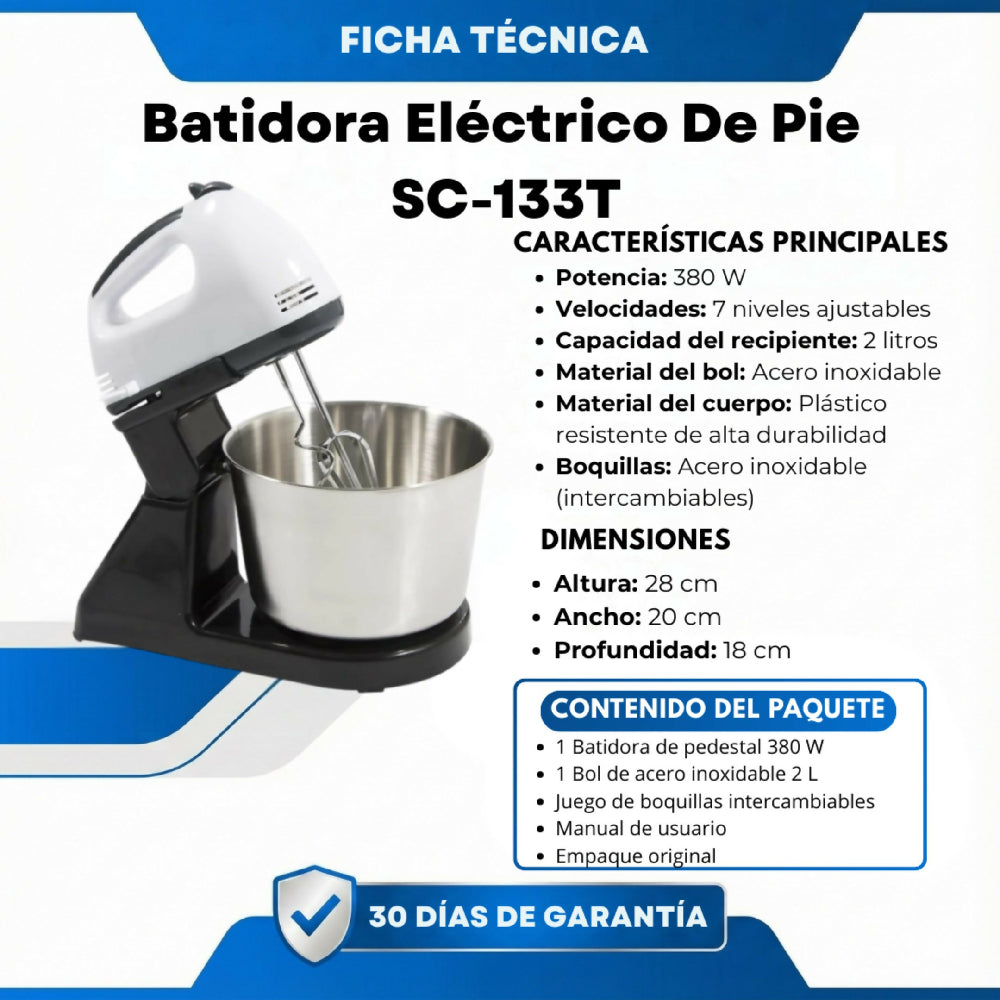 Batidora Eléctrico De Pie SC-133T Con 7 Velocidades Y Bowl De Acero