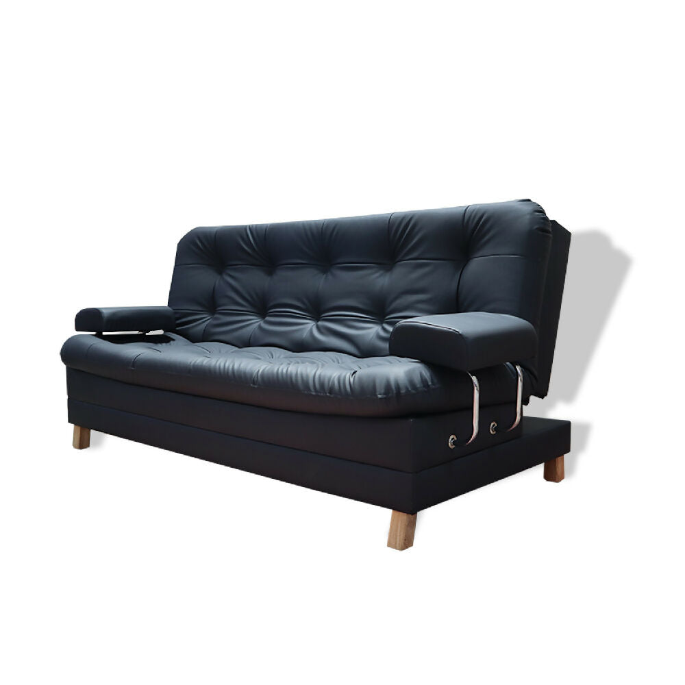 Sofacama Rouss Tipo Cuero Negro Con Brazos Extraibles + Cojines