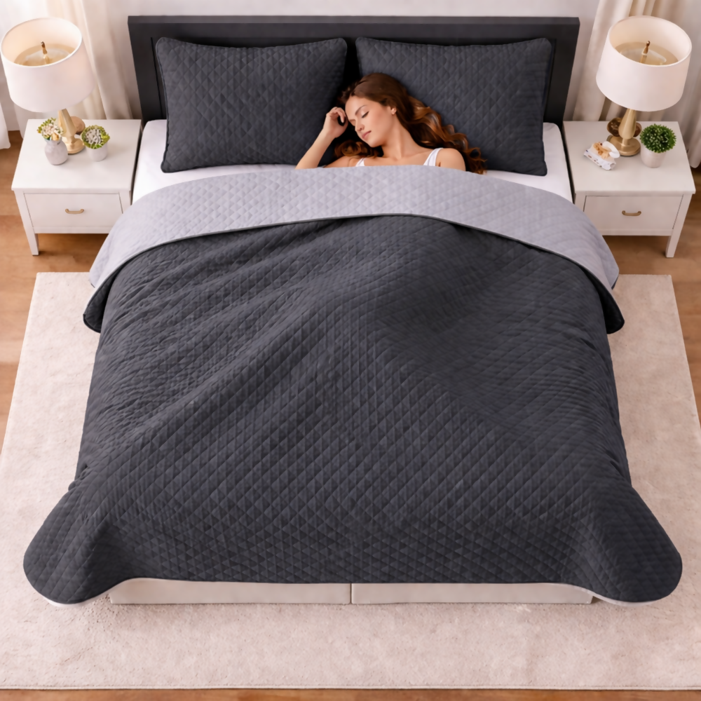 Colcha queen doble faz gris gris