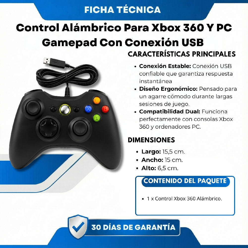 Control Alámbrico Para Xbox 360 Y PC Gamepad Con Conexión USB