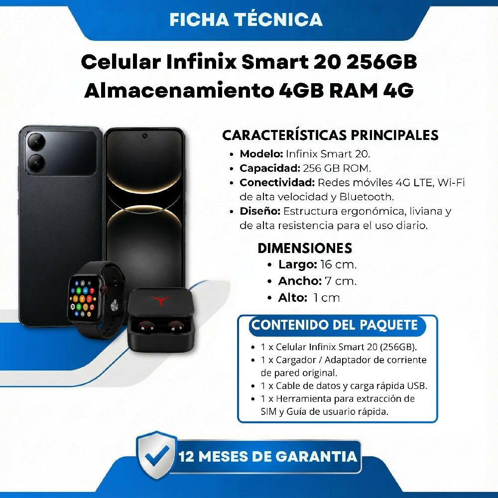 Celular Infinix Smart 20 256GB 4GB RAM Negro + Audífonos Y Reloj Obsequio