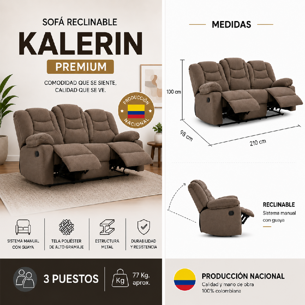 Sofá Reclinable 3 Puestos Color Café Kalerin Premium