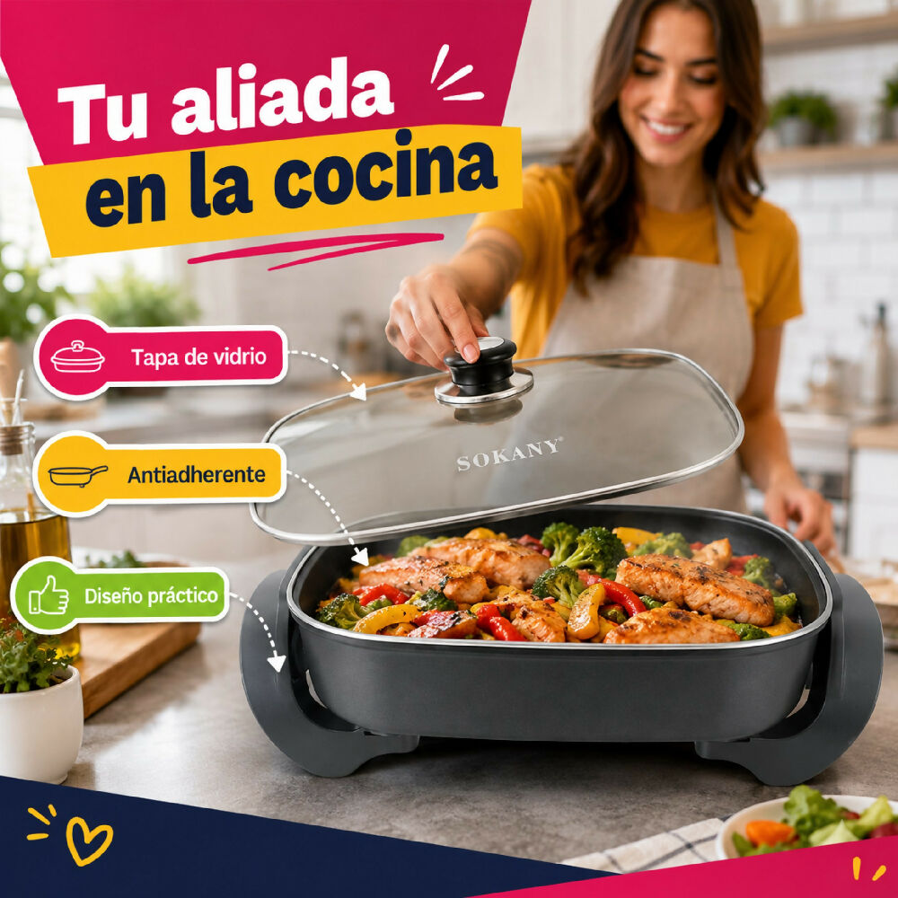 Olla Sarten Electrica Sokany Antiadherente Multiusos 1500W Multifuncional