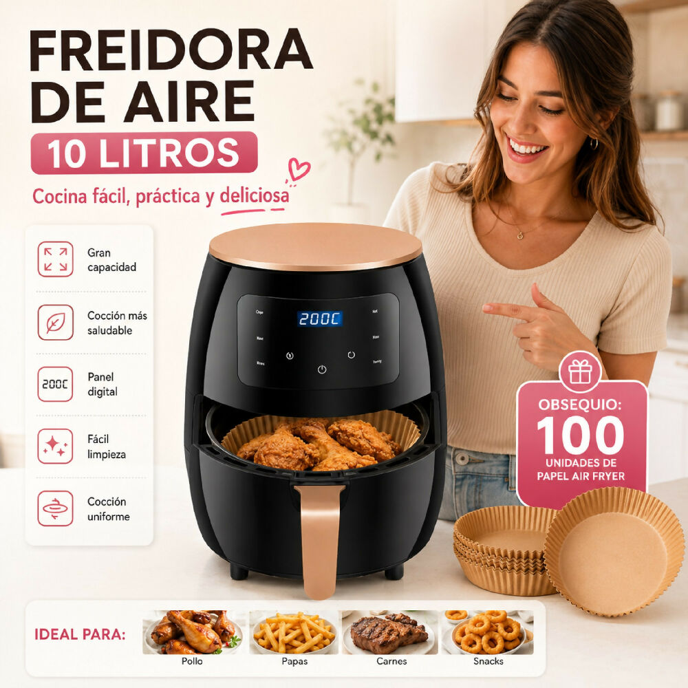 Freidora De Aire 10 Litros XL + Obsequio 100 Papeles Para Air Fryer