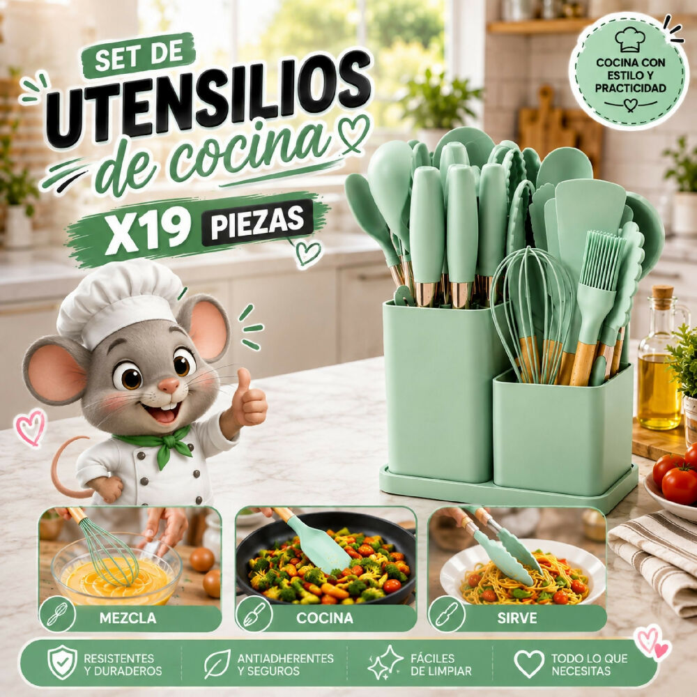 Set De Utensilios Y Cuchillos De 19 Piezas Silicona Antiadherente Y Acero Inoxidable Verde