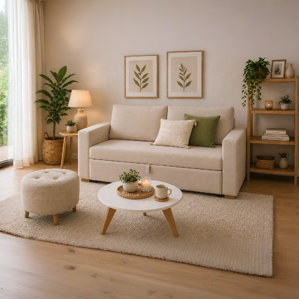 Sala Sofá Cama 92x 174x93cm + Puff + Mesa de Centro Beige
