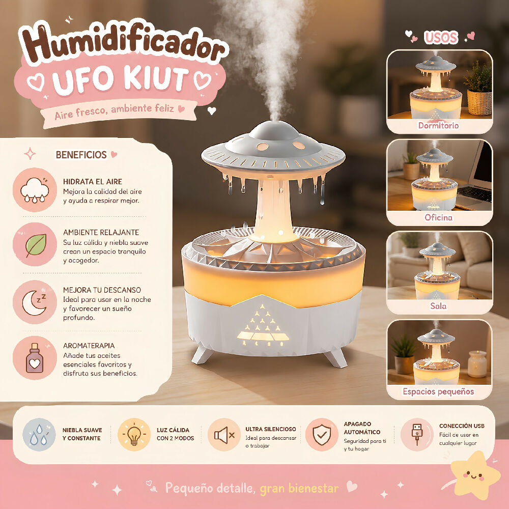 Humidificador Difusor Nube De Lluvia Lampara Gotas De Agua Sonido Real