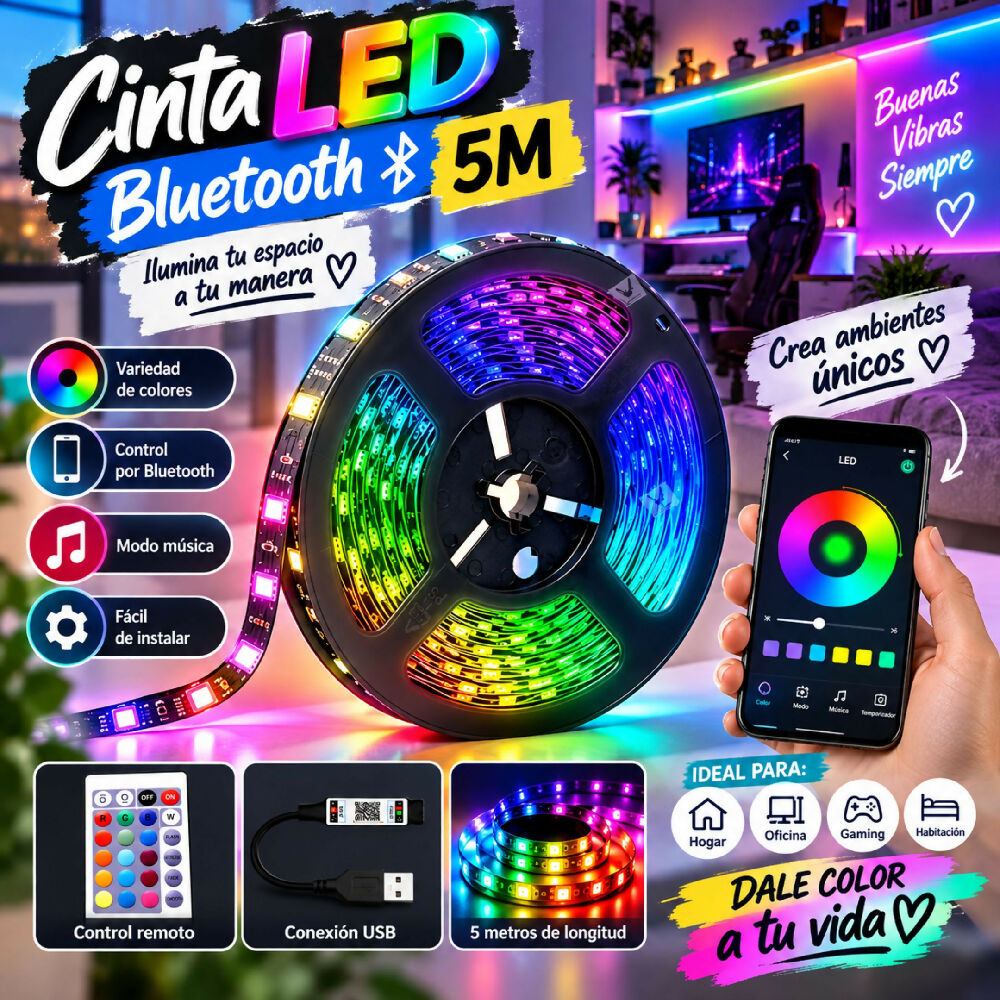Cinta LED De 5 Metros Iluminación Ambiental Flexible Y De Bajo Consumo