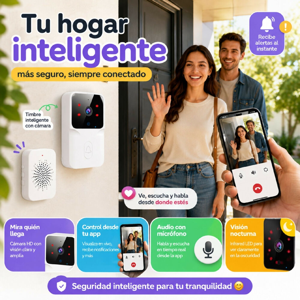 Camara Timbre De Seguridad Wi-Fi Con Alertas En Tiempo Real Para Hogar