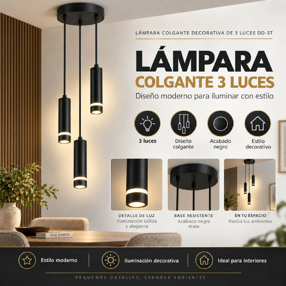 Lámpara Colgante Decorativa De 3 Luces Estructura Moderna Y Acabados Elegantes