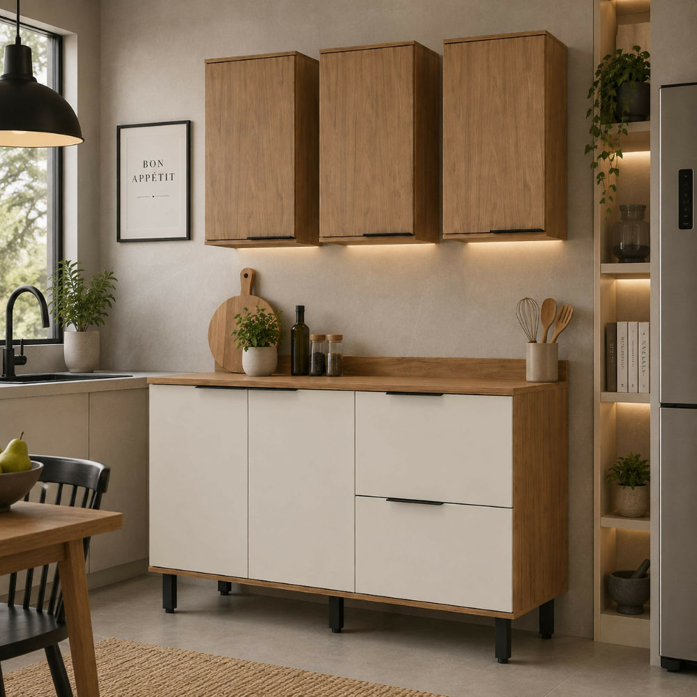 Cocina 120 cm Dominica 5 Puertas 2 Cajones - Natural/Blanco Apagado