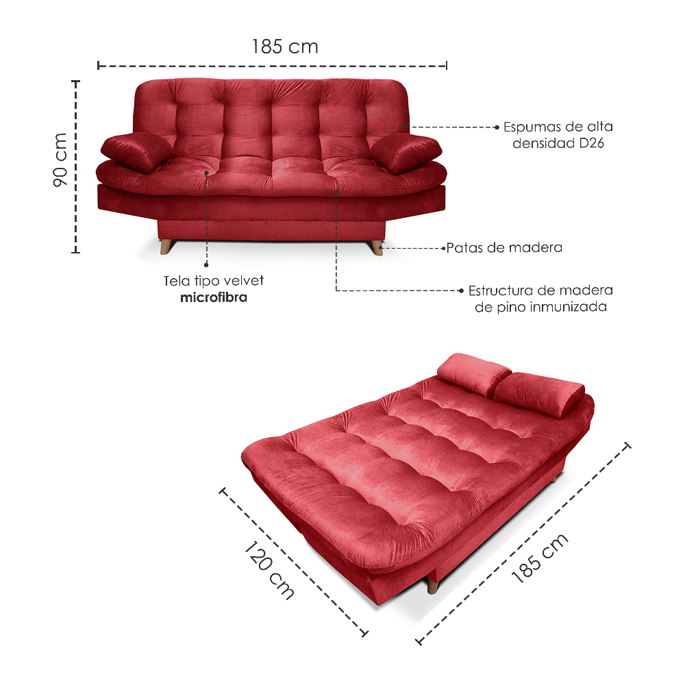 Sofá Cama 3 Posiciones Fendik Tela Rojo