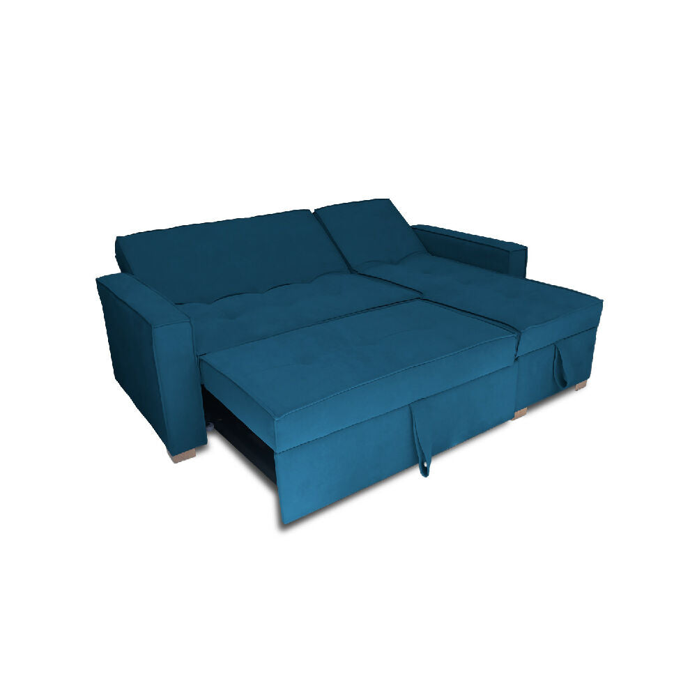 Esquinero Baúl Marsella Multifuncional Reclinable Derecho Azul Petróleo + Cojines Decorativos