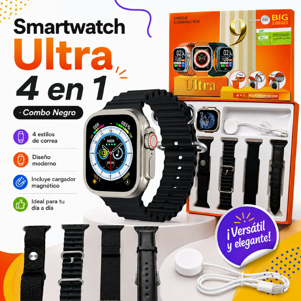 Smartwatch Ultra 4 En 1 Pantalla 2.03" Con 4 Correas Intercambiables