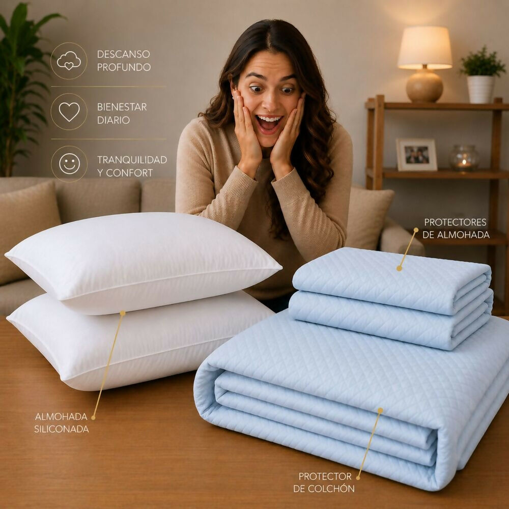 Combo protector colchon + 2 almohadas siliconadas queen celeste