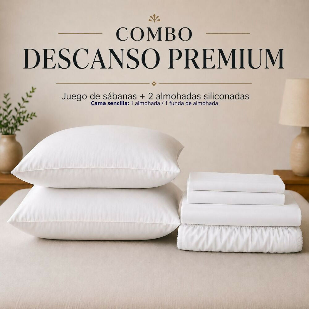 Combo Juego de sábanas + 2 almohadas siliconadas semidoble blanco