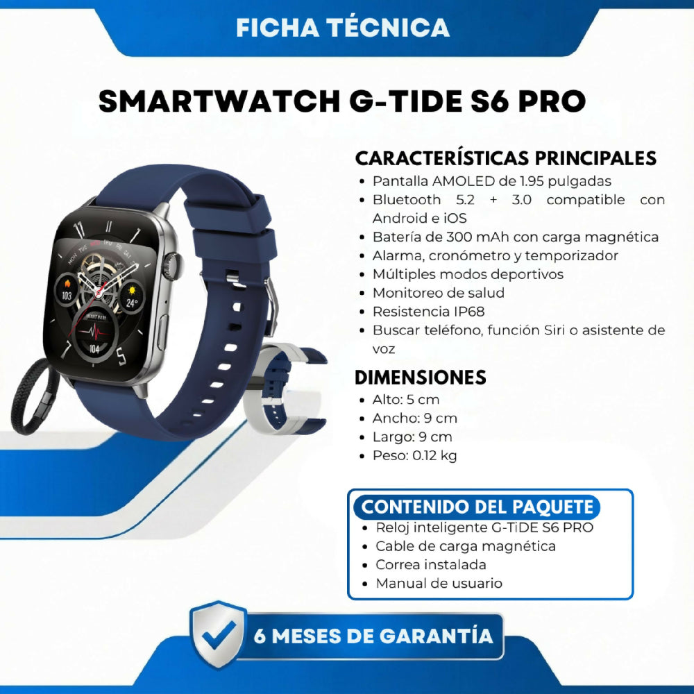 Smartwatch G-Tide S6 Pro Azul Reloj Inteligente Con Llamadas Bluetooth, Resistente Al Agua