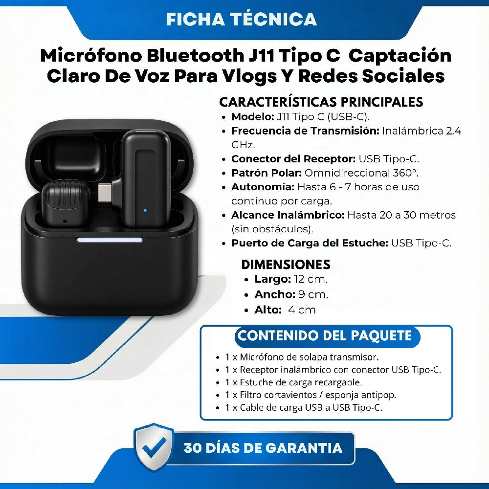 Micrófono Bluetooth J11 Tipo C Captación Claro De Voz Para Vlogs Y Redes Sociales