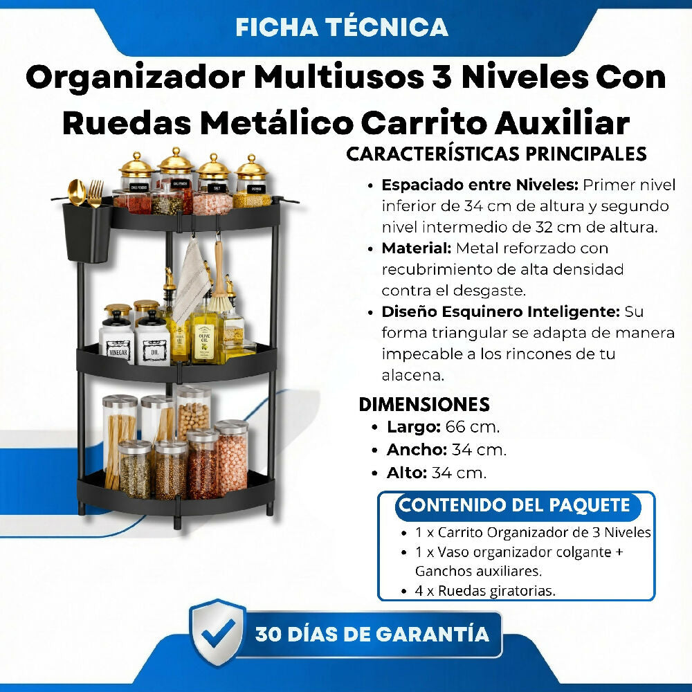 Organizador Multiusos 3 Niveles Con Ruedas Metálico Carrito Auxiliar