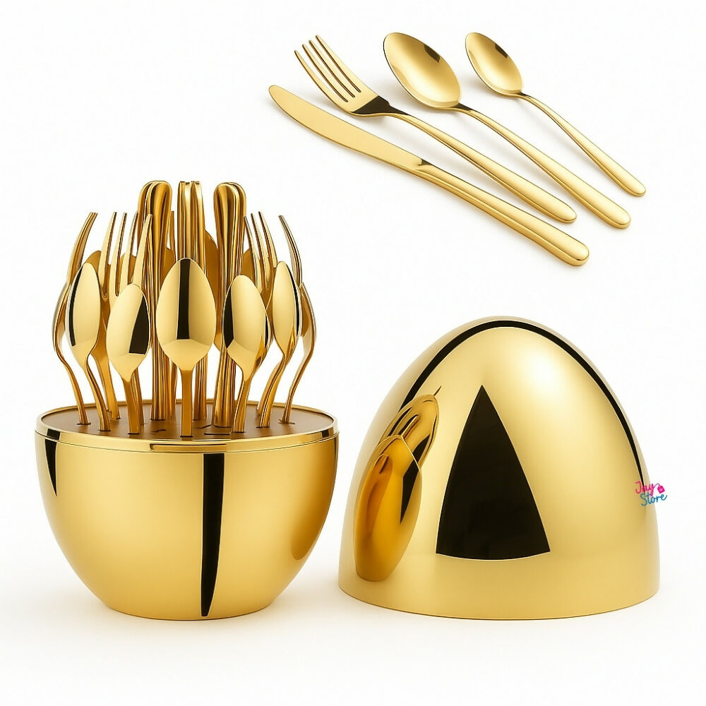 Cubiertos Set 24 Piezas Acero Inoxidable Estuche Huevo Gold