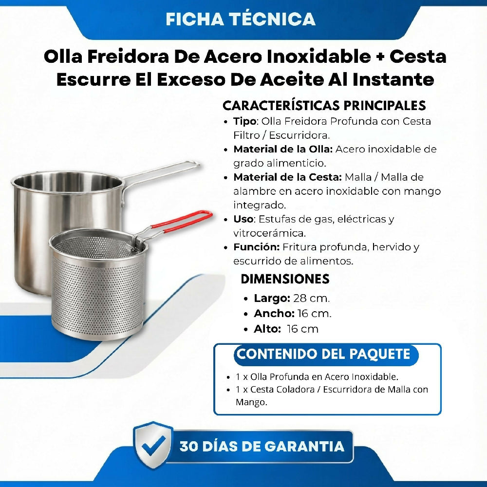 Olla Freidora De Acero Inoxidable + Cesta Escurre El Exceso De Aceite Al Instante