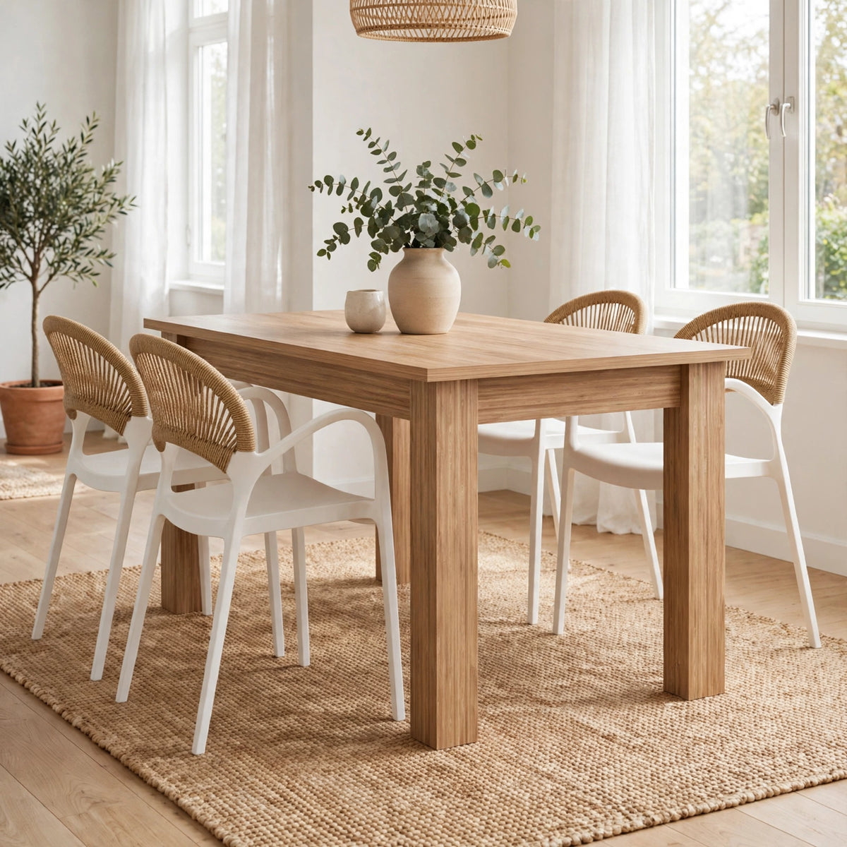 Combo Brisa, Incluye una Mesa y 4 Sillas Color Blanco y Café Claro