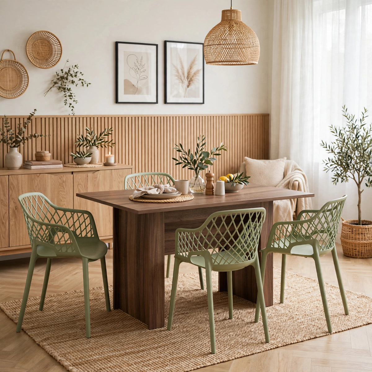 Combo Acacia, Incluye una Mesa y 4 Sillas Color Verde Olivo