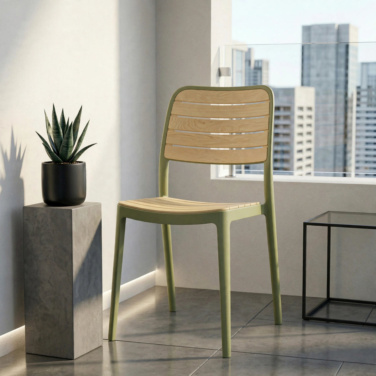 Silla Carolina, Color Verde Olivo y Beige, con Espaldar de Líneas Horizontales