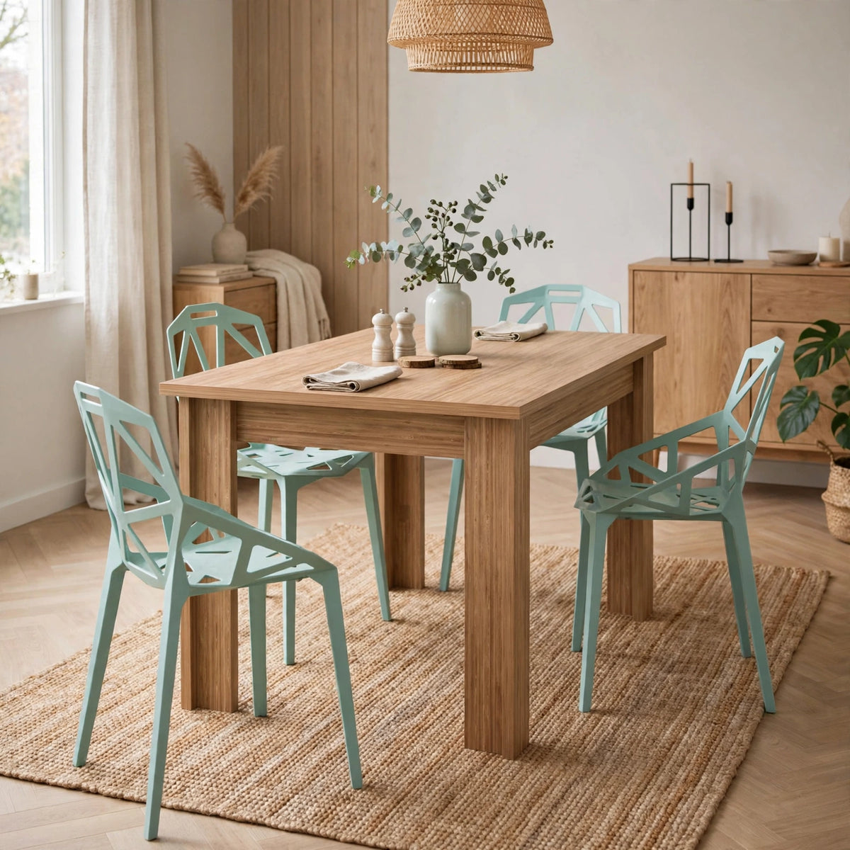Combo Nessa, Incluye una Mesa y 4 Sillas Color Azul Claro