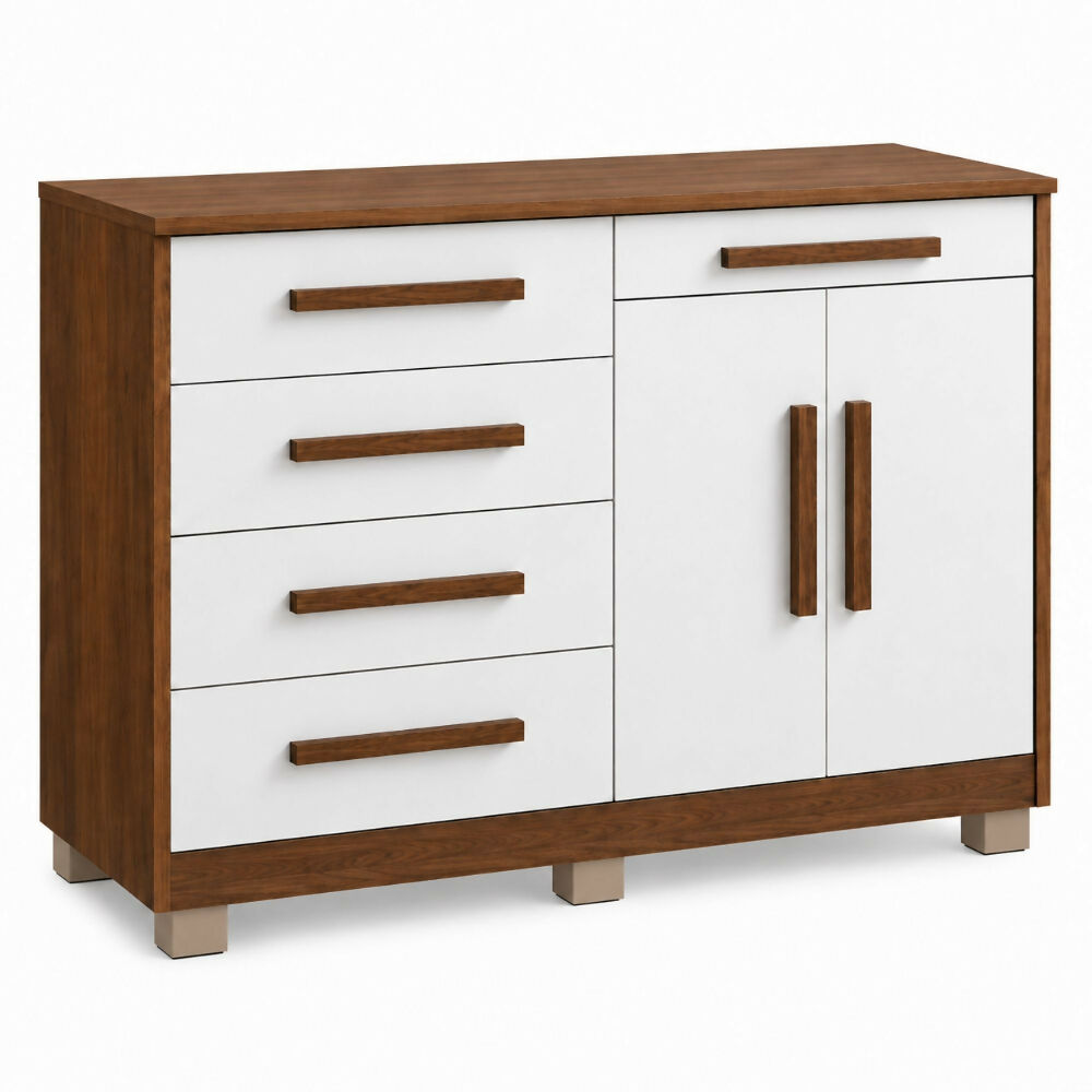 Cómoda 5 cajones 2 puertas Ginesta - Marrón/Blanco apagado