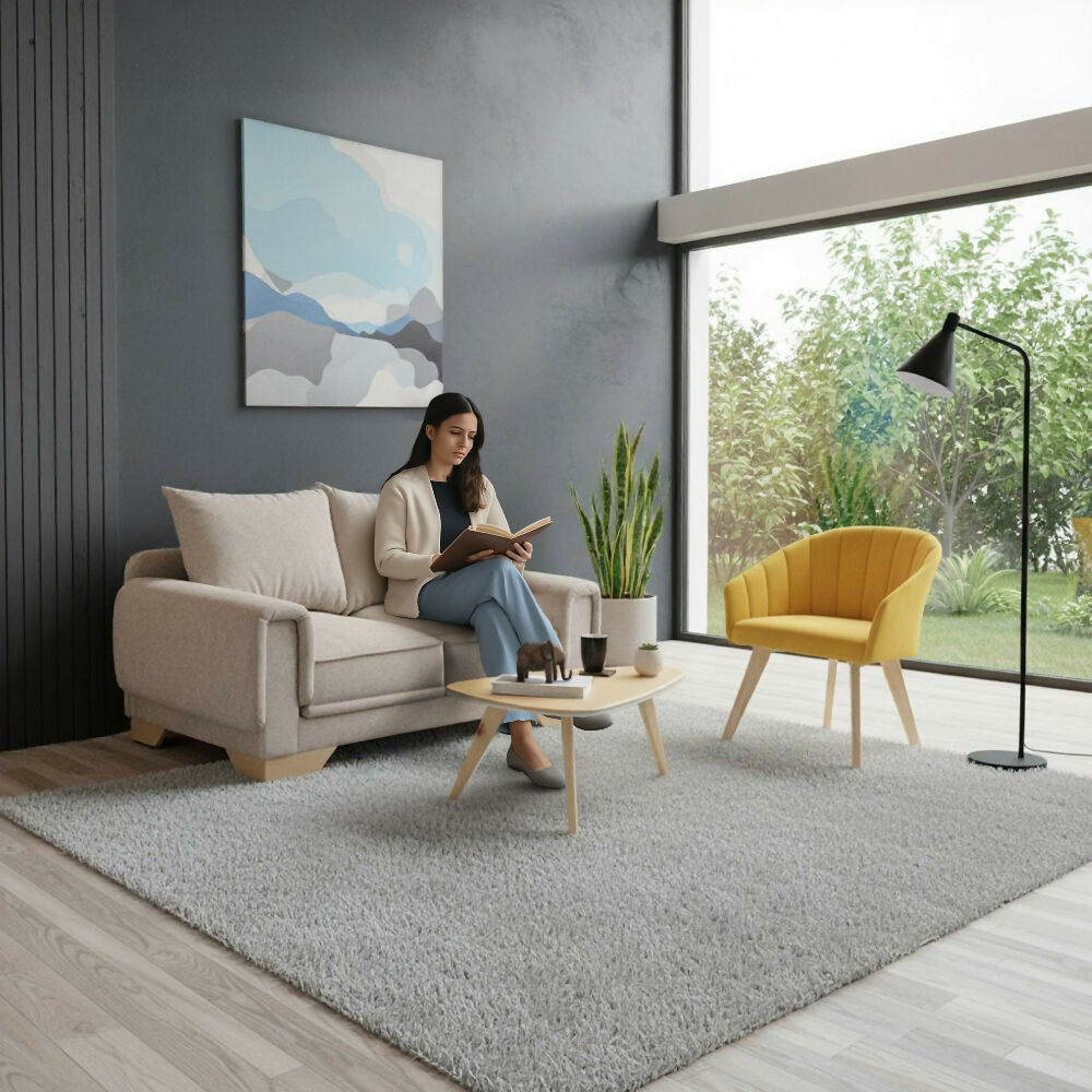 Sala con Sofa 2 Puestos Daytona Beige y Poltrona Shanghai Mostaza + Mesa Centro Drop Miel