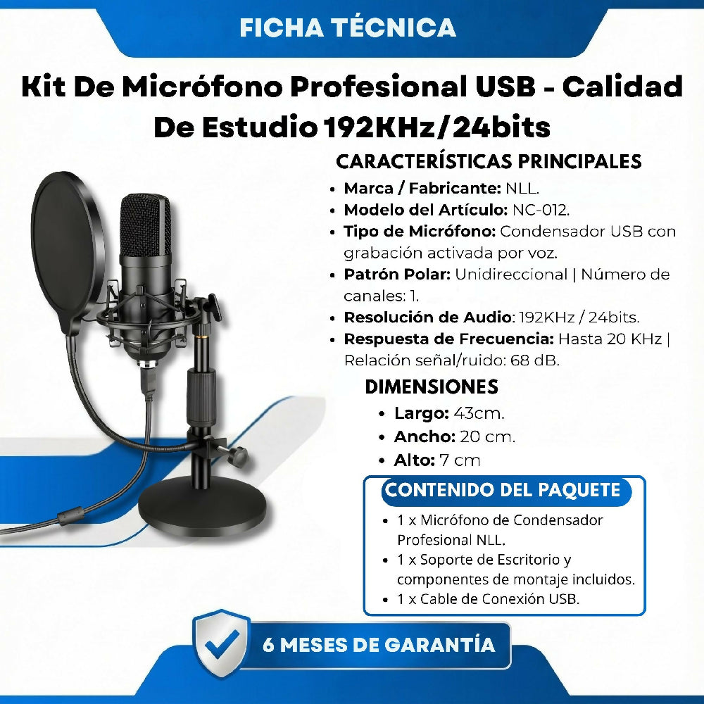 Kit De Micrófono Profesional USB Calidad De Estudio 192KHz/24bits