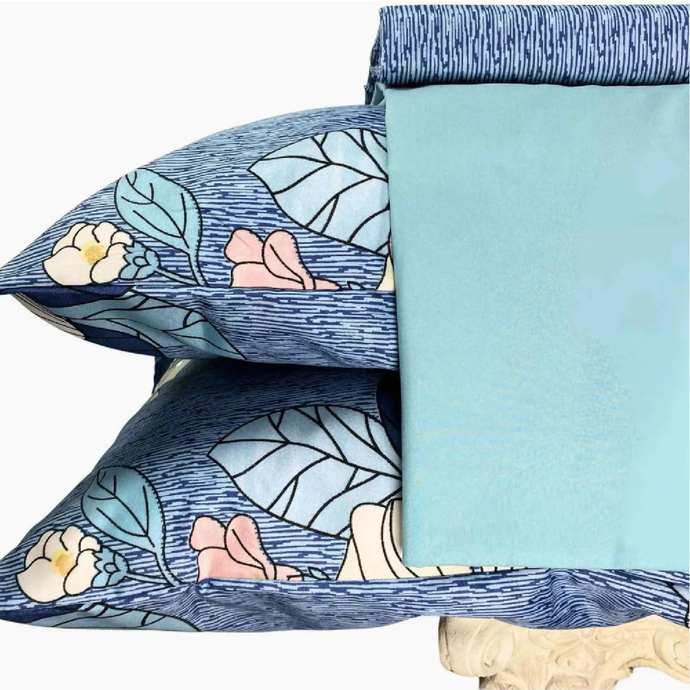 Juego de Sábanas Cama Doble 300 Hilos 100% Algodón Magnolia Azul