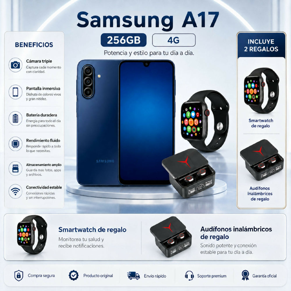 Celular Samsung A17 256GB 4G + Obsequio Audífonos Y Smartwatch Azul