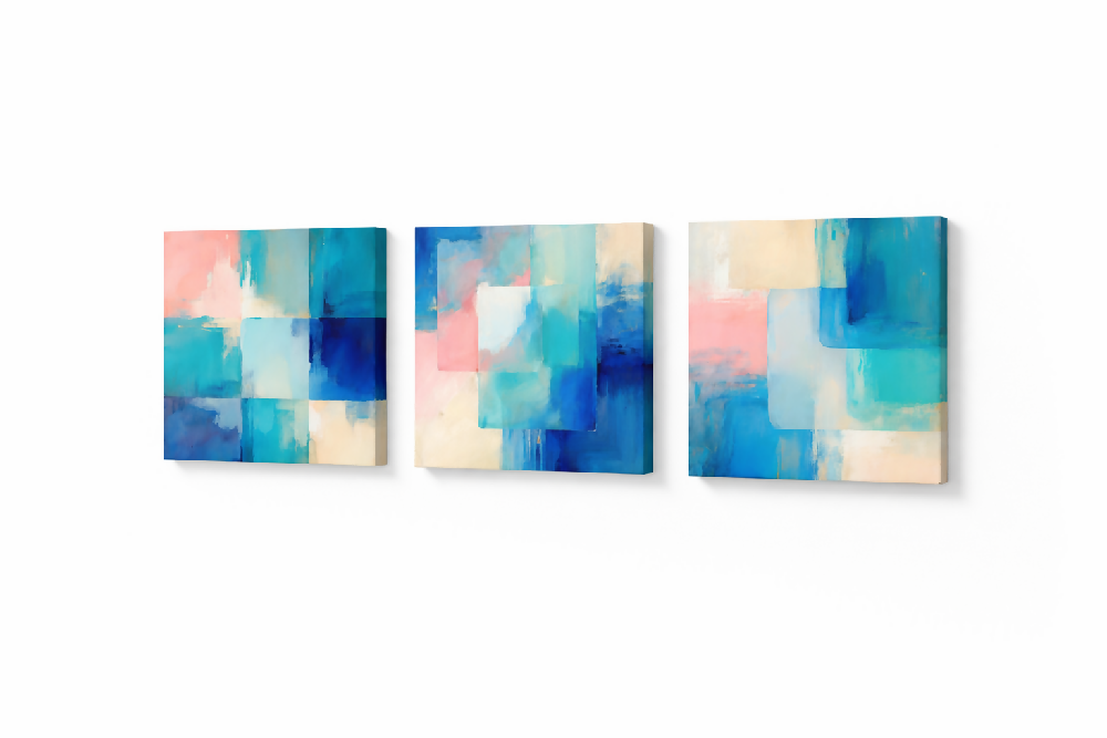 Lienzo Canvas Cuadro Triptico Ecos en Azul y Coral 34x34cm c/u