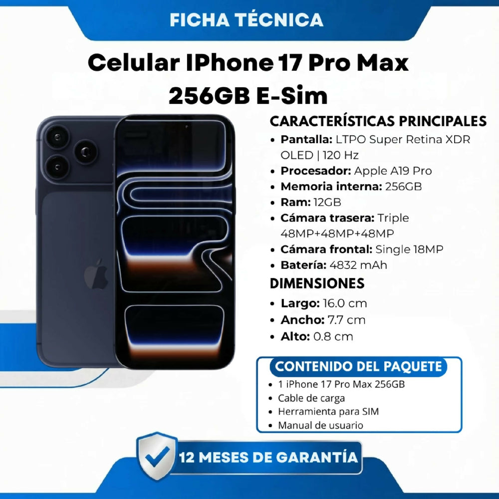 Celular IPhone 17 Pro Max 256GB E-Sim Pantalla ProMotion De 120Hz Azul inteso