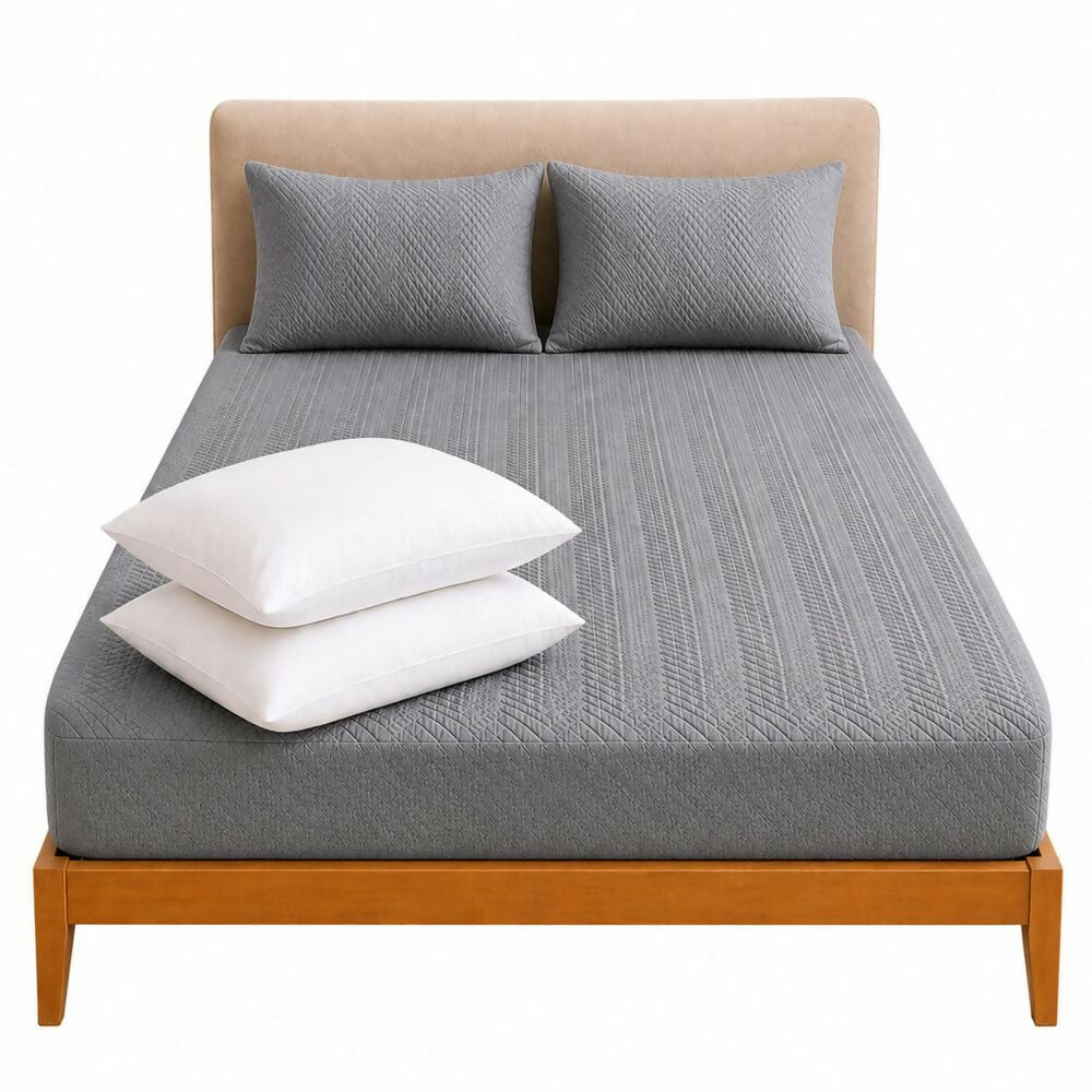 Combo protector colchon + 2 almohadas siliconadas semidoble gris