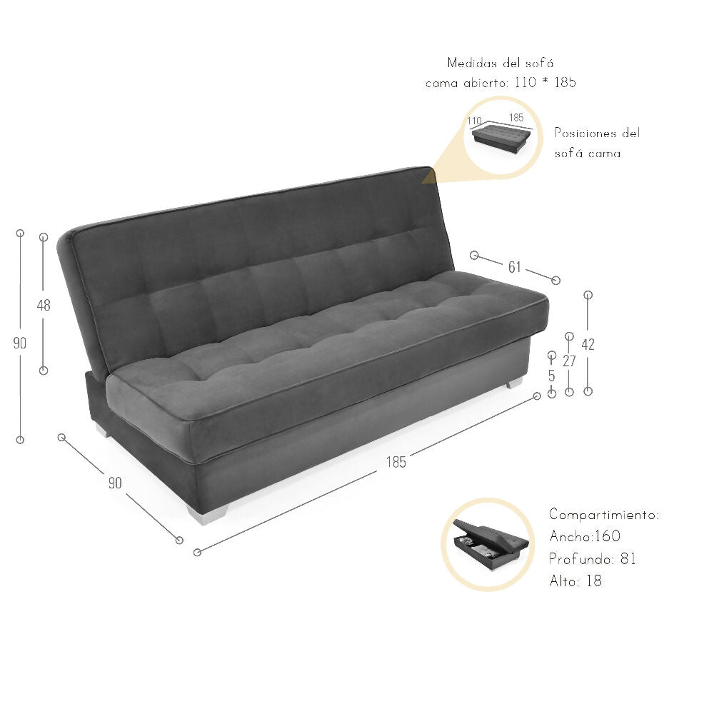Sofá Cama Cambridge 185x90x90 con Baúl Tela Plata