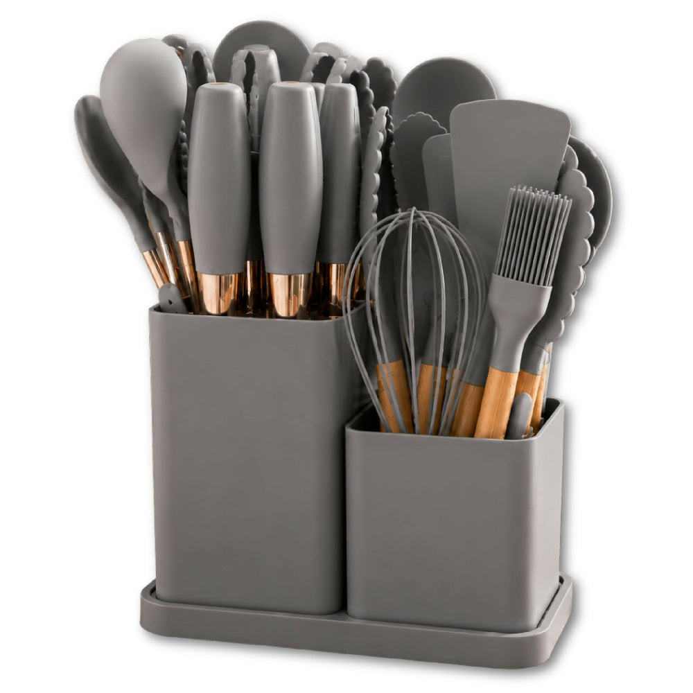 Set De Utensilios Y Cuchillos De 19 Piezas Silicona Antiadherente Y Acero Inoxidable Gris