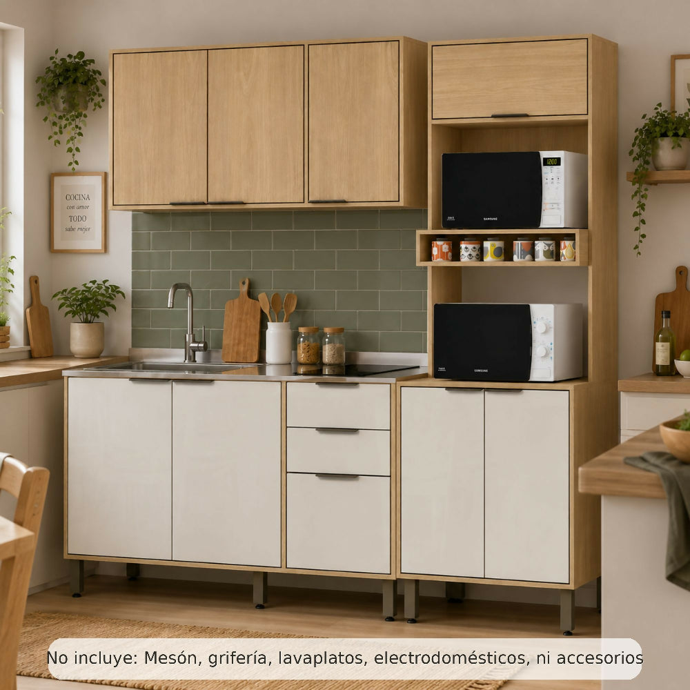 Cocina 190 cm Maui 9 Puertas 2 Cajones - Almendra/Blanco Apagado