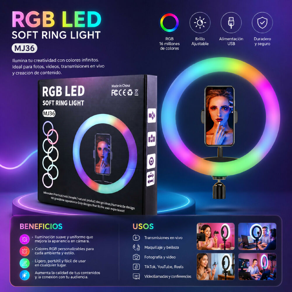Aro De Luz Led 36 Cm Grande Profesional RGB Cálida Fría + Trípode