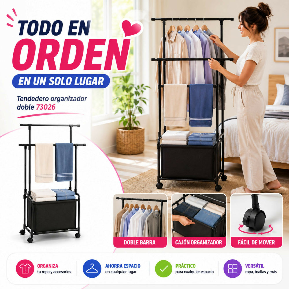 Tendedero Organizador De Ropa Doble 73026 Con Doble Barra De Colgado Y Fácil Desplazamiento