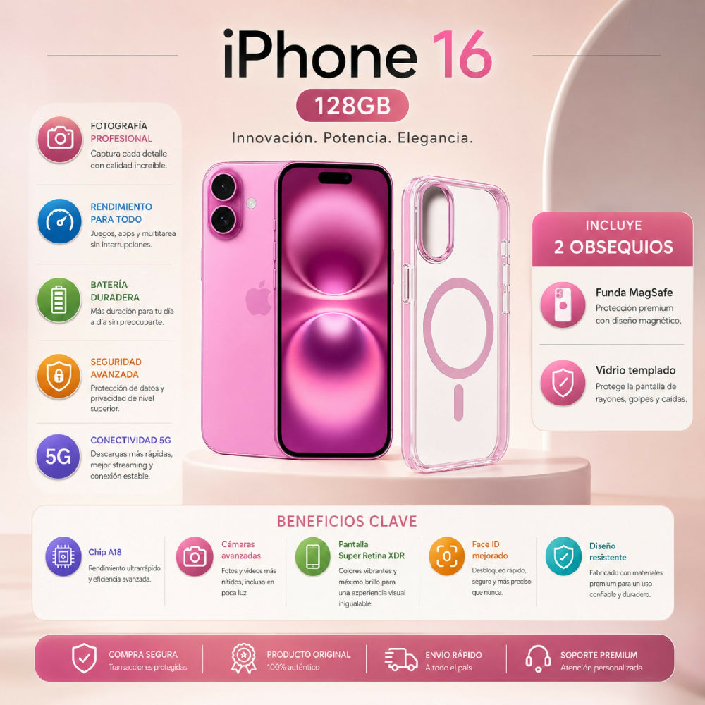 Celular Apple IPhone 16 5G 128gb 8gb RAM + Obsequio Vidrio Templado Y Forro Rosado